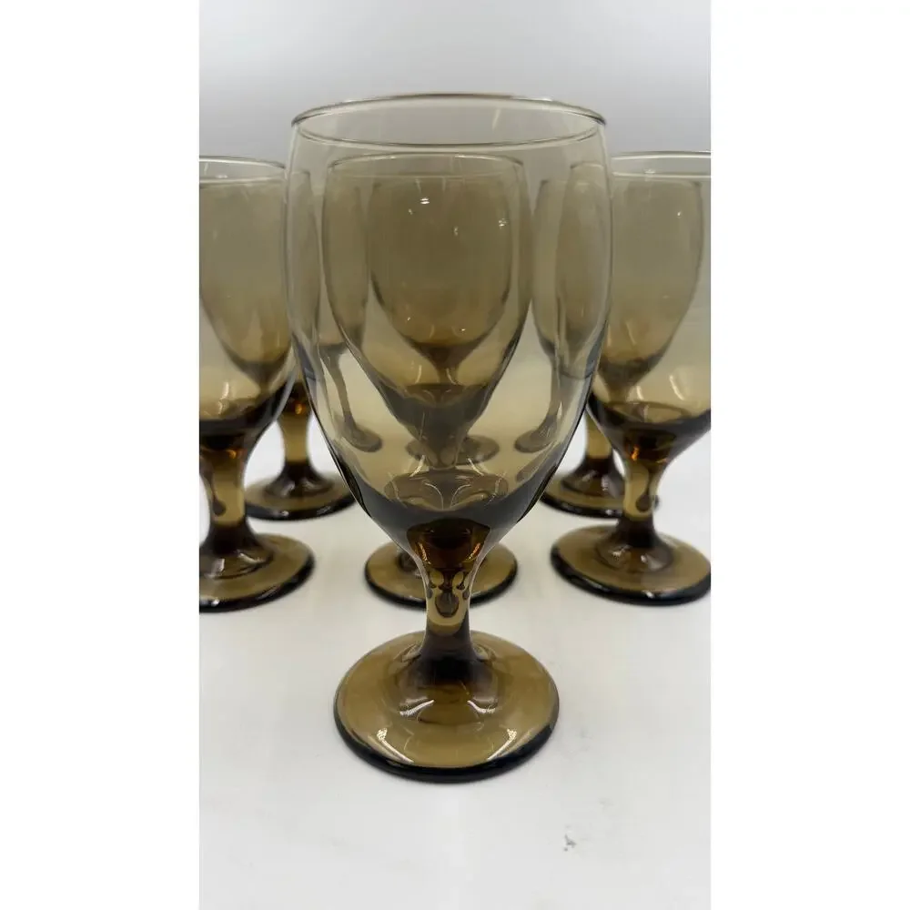 Vintage Libbey Smokey Brown Set of 7 Water Goblet Glasses (V8476)